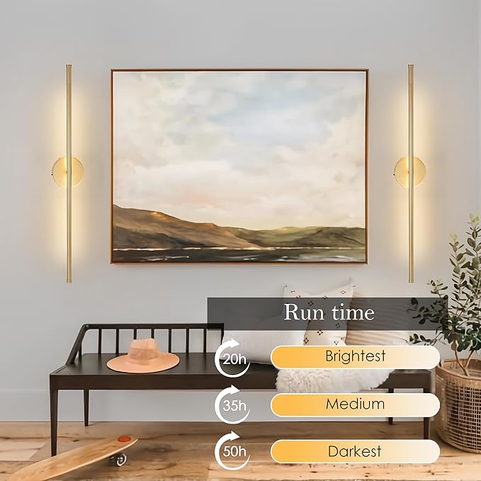Battery Operated Wall Sconces with Remote Control, Dimmable Wall Sconces Set of Two, 350°Rotate, 3000K LED Gold Wireless Wall Light for Living Room, Bedroom, Hallway, 40.1 Inch (2 Pack)