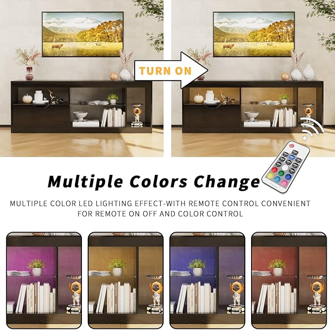 YESHOMY Modern LED TV Stand for Televisions up to 65+ Inch with Glass Shelves and Drawer, Gaming Entertainment Center with Multiple Dynamic RGB Modes, for Livingroom, Bedroom, 55 Inch, Dark Black