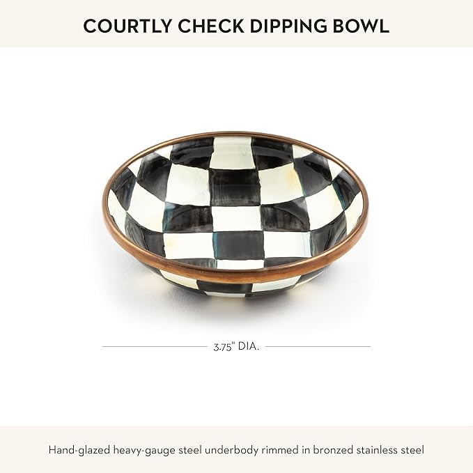 MACKENZIE-CHILDS Enamel Dipping Bowl, Small Serving Bowl for Entertaining, Black-and-White Courtly Check