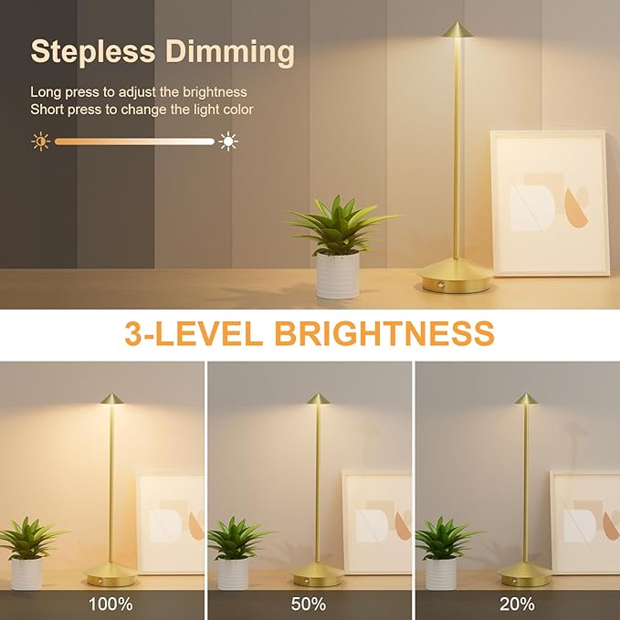 2-Pack 6000mAh Rechargeable Led Table Lamp Cordless,3000K-6000K Stepless Dimming Touch Lamps with Memory Function,IP54 Waterproof Aluminum Table Light for Outdoor/Bars/Restaurant/Patio(Bronze)