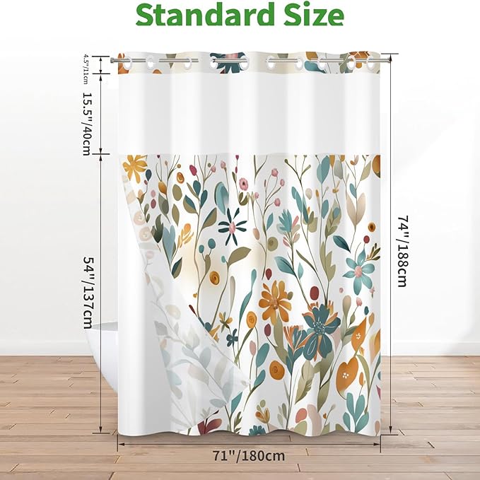 No Hook Shower Curtain with Snap in Liner, Colorful Flower Floral Heavy Duty See Through Window Waterproof Machine Washable Bathroom Curtain 71" W x 74" L (Pack of 1)