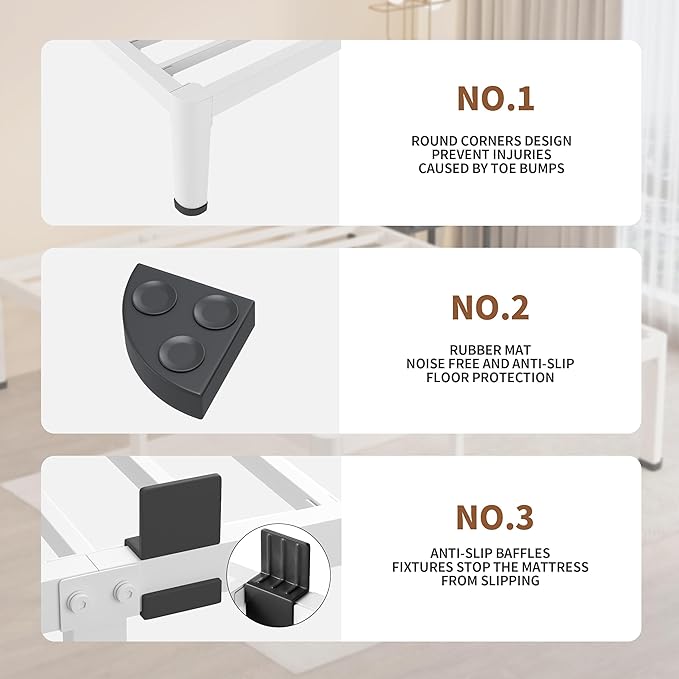 MAF 14 Inch King Metal Platform Bed Frame White with Round Corner Legs, 3000 LBS Heavy Duty Steel Slats Support, Noise Free, No Box Spring Needed, Easy Assembly