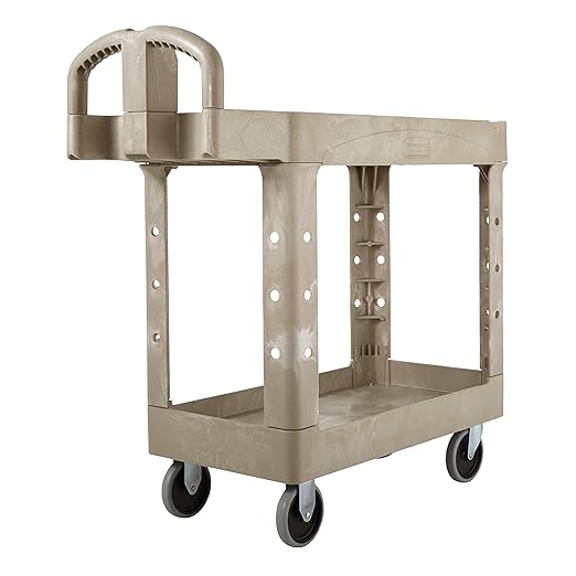 BRUTE Heavy Duty 2-Shelf Utility/Service Cart, Small, Lipped Shelves, Ergonomic Handle, 500 lbs. Capacity, Beige, for Warehouse/Garage/Cleaning/Maintenance