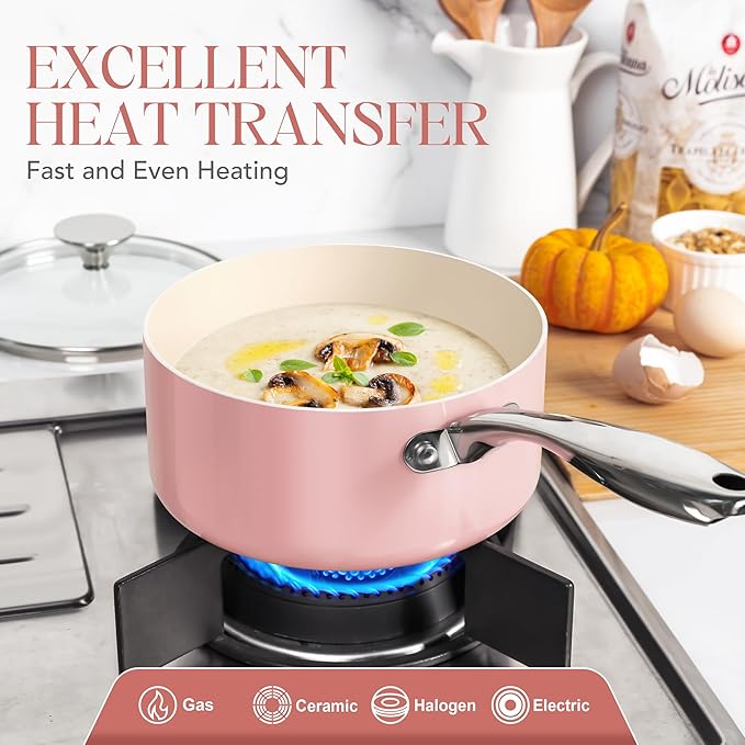 MICHELANGELO Sauce Pan with Lid, Non Stick Saucepan Set of 3-1Qt & 2Qt & 3Qt Small Pots for Cooking, Ceramic Saucepan - Non-Toxic, Scratch-Resistant, Oven Safe, Pink