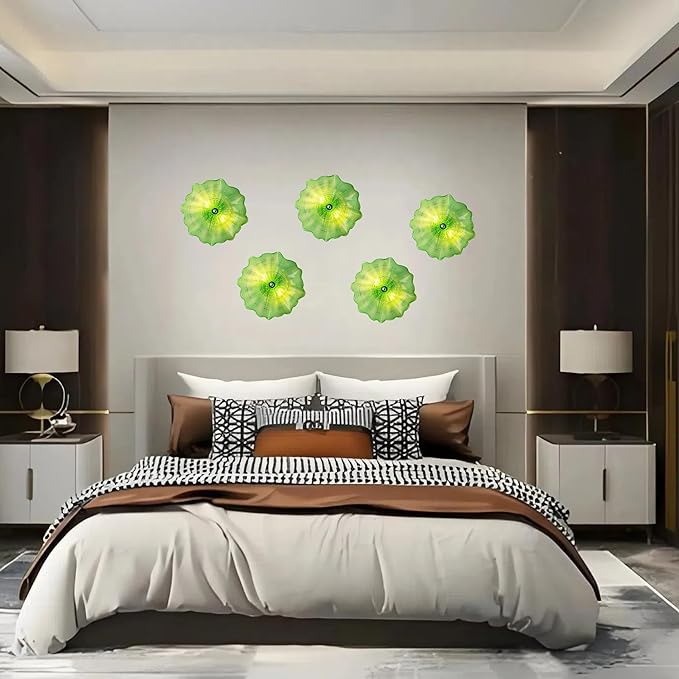 Hand Blown Glass Plate Wall Decor, Modern Unique Glass Wall Art, Lotus Leaf Wall Plate Shape Wall Sconce with Transparent and Easy to Clean for Staircase, Living Room, Kitchen, Hallway (Green-1)