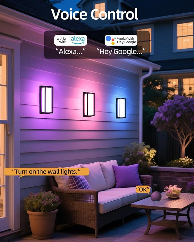 RAYVO Outdoor Wall Lights 2 Pack, 1500LM RGBCW Smart Porch Lights Color Changing Exterior Lighting Fixtures, IP65 Waterproof Outdoor Sconce Lights, Compatible with Alexa Google Assistant, ETL Listed