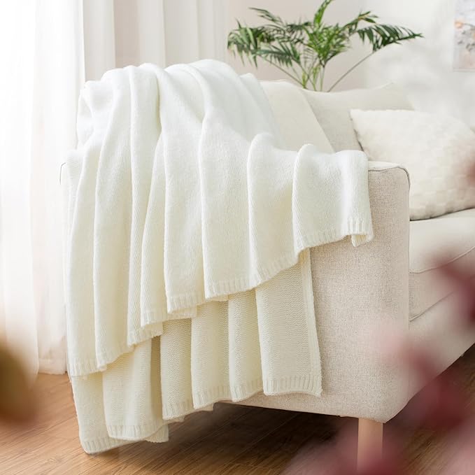 Carriediosa Wool Blend Knit Throw Blanket 50" X 60", 50% Recycled Polyester Soft Cable Knitted Fluffy Throws for Couch Lightweight Woven Blankets for Sofa Fuzzy Cozy Bed Cover, Vanilla Cream