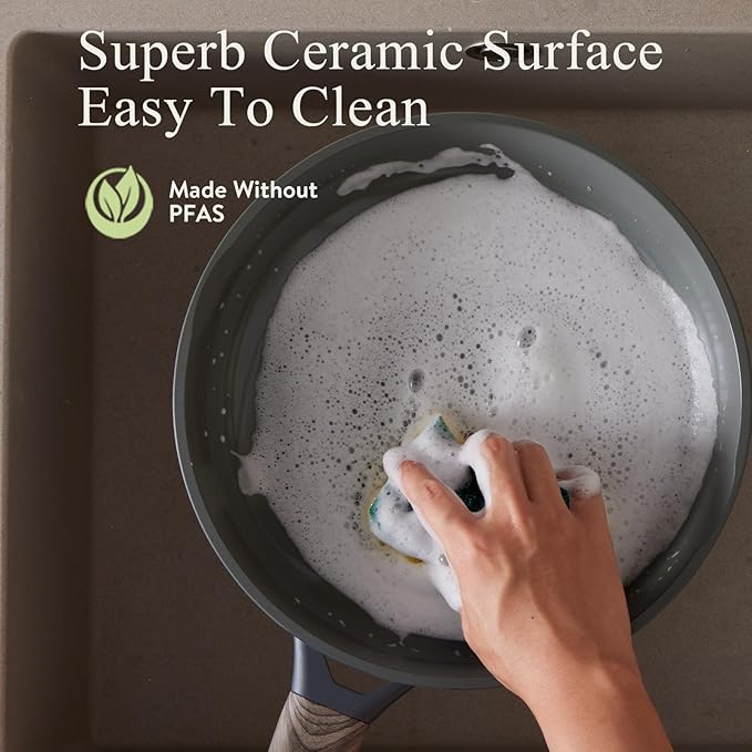 22Pcs Pots and Pans Set Non Stick Non-Toxic Ceramic Cookware Sets Nonstick Kitchen Pot and Pan Set With Lid Gray Granite Induction Compatible with Glass Lids 10" Griddles Frying Pan PFOA/PFOS-Free