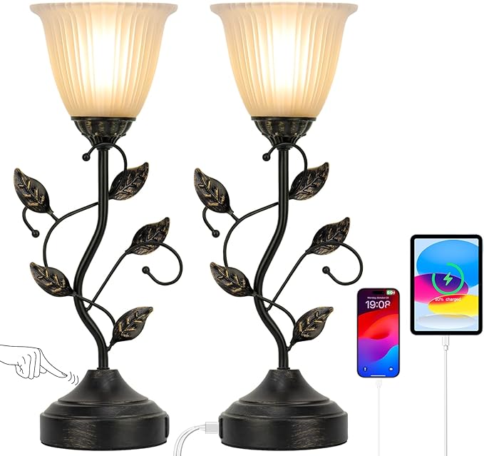 Touch Lamps for Nightstand Set of 2, Stripe Glass Shade Blossoming Bedside Lamp with USB A+C Charging Ports, Torchiere Table Lamp with Metal Leaf Base Decor Bedroom Living Room