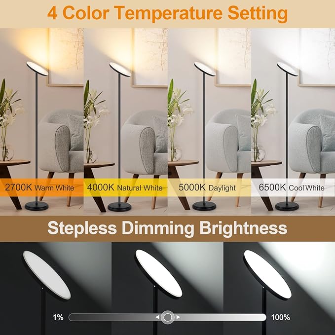 OUTON Smart LED Floor Lamp, 30W/3000LM Dimmable Bright Torchiere Sky Lamp Compatible with Alexa Google Home, WiFi Remote, Tall Standing Lamp with 4 Color Temperature for Living Room Bedroom Office