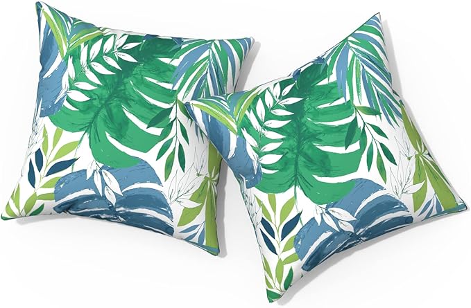 Outdoor Pillows for Patio Furniture 18x18 inch, Square Outdoor Throw Pillows with Inserts, Decorative Toss Pillows for Garden Couch Home Sofa Office Chair, Pack of 2, Islamorada Blue Green