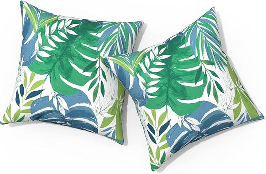 Outdoor Pillows for Patio Furniture 18x18 inch, Square Outdoor Throw Pillows with Inserts, Decorative Toss Pillows for Garden Couch Home Sofa Office Chair, Pack of 2, Islamorada Blue Green
