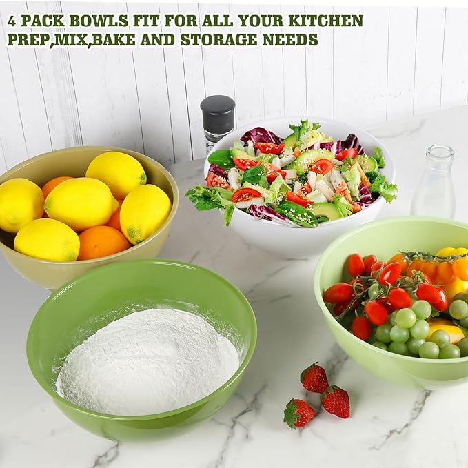 4-Piece Plastic Mixing Bowl Set, 113oz Lightweight Serving Bowls, Large Salad Bowls for Baking,Prepping, Cooking and Serving Food, Dishwasher & Microwave Safe