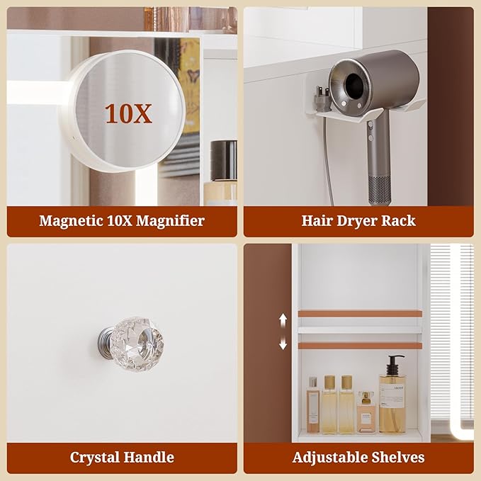 Vanity Desk with Mirror and Lights,Power Outlet,3 Drawers,Pull-Out LED Mirror with 3 Light Modes,Brightness Adjustable,Rolling Makeup cart,Crystal Handles, hairdryer Rack,White