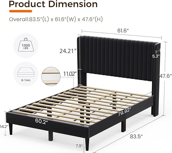 Casaottima Queen Bed Frame Upholstered Platform Bed with Wingback Headboard, Wooden Slats Support, Noise-Free Mattress Foundation, No Box Spring Needed, Easy Assembly, Vertical Stripe Deep Black