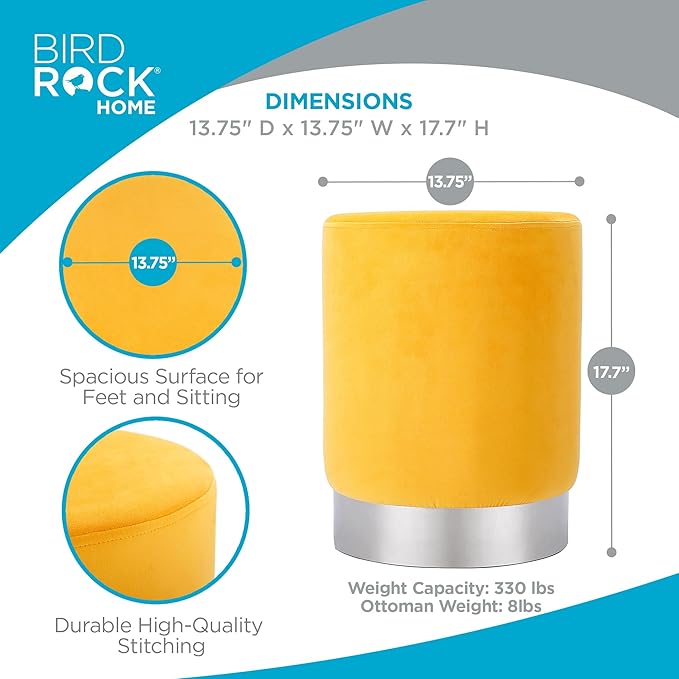 BIRDROCK HOME Round Ottoman Foot Stool – Soft Padded Modern Stool Design – Ideal for Living Room, Bedroom – Compact Footrest, Vanity Chair, Small Furniture – Foam Seating, Decorative Accent (Yellow)