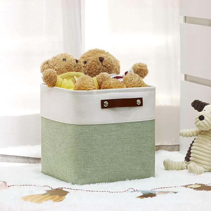 DULLEMELO Storage Baskets for Organizing, Fabric Storage Cubes for Dog Toy Box, 11 Inch Decorative Cube Storage Bins with handle for Baby Gift Basket(4 Pack - 11" White&Green)