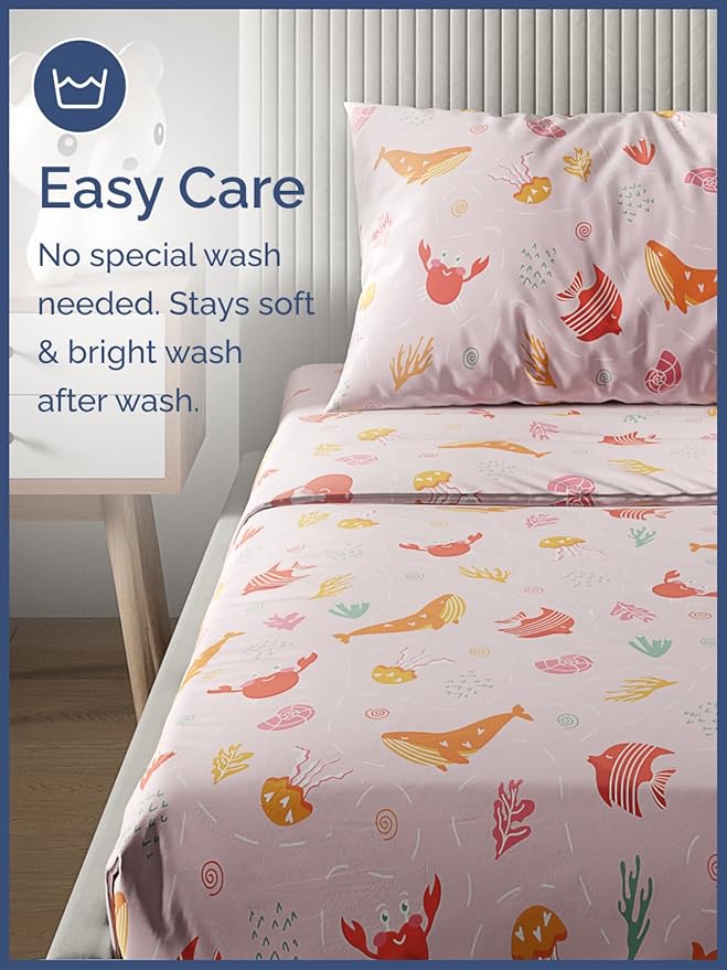 Kids Pink Fish Twin 3 Piece Sheet Set - Boys, Girls, Teens, Toddler - Easy Fit Deep Pockets - Breathable, Hotel Quality Bedding Sheets - Machine Washable - Wrinkle Free - Cute, Cozy, Soft - CGK Linens