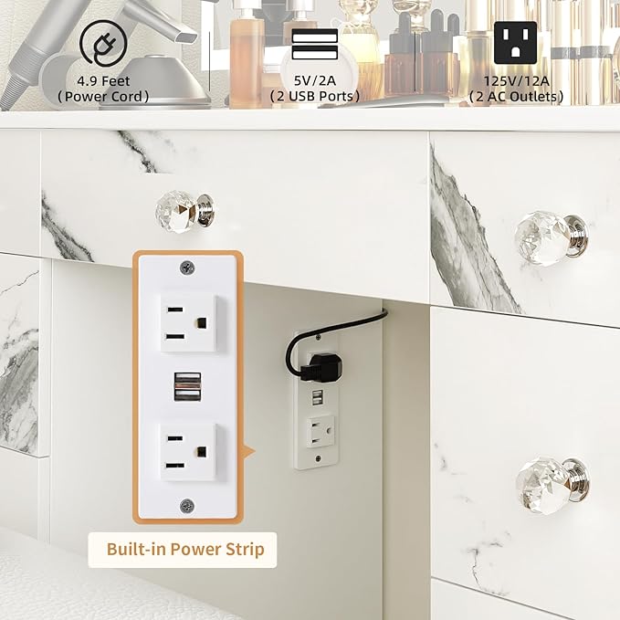 VOWNER Vanity with Lighted Mirror - Glass Top Makeup Desk with Power Outlet and 9 Drawers, 3 Color Lighting Modes Adjustable Brightness, 43" Vanity Desk with Soft Cushioned Stool for Bedroom, Marble