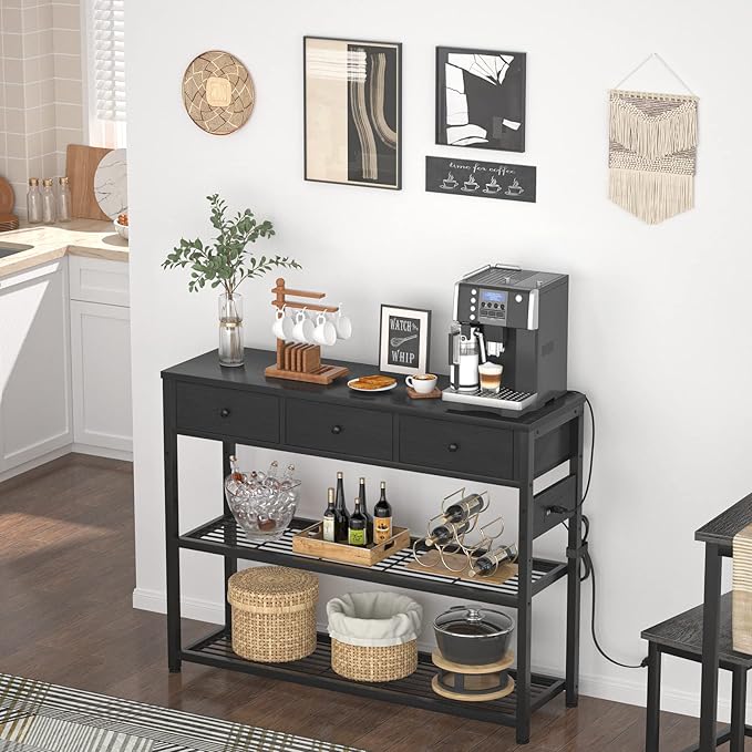 Ecopriso 47'' Entryway Table with Outlets and USB Ports, Console Table with 3 Drawers, Sofa Table Narrow Long with Storage Shelves for Living Room, Couch, Hallway, Foyer, Kitchen Counter, Black