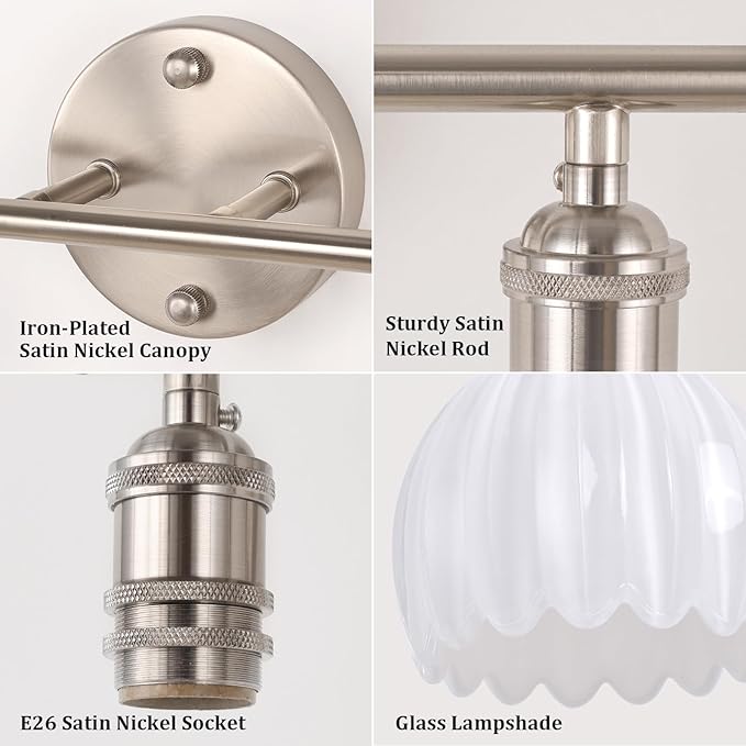 Bathroom Light Fixtures, 2-Light Vanity Wall Light Over Mirror with White Tulip Glass Shade for Bedroom Living Room, Satin Nickel