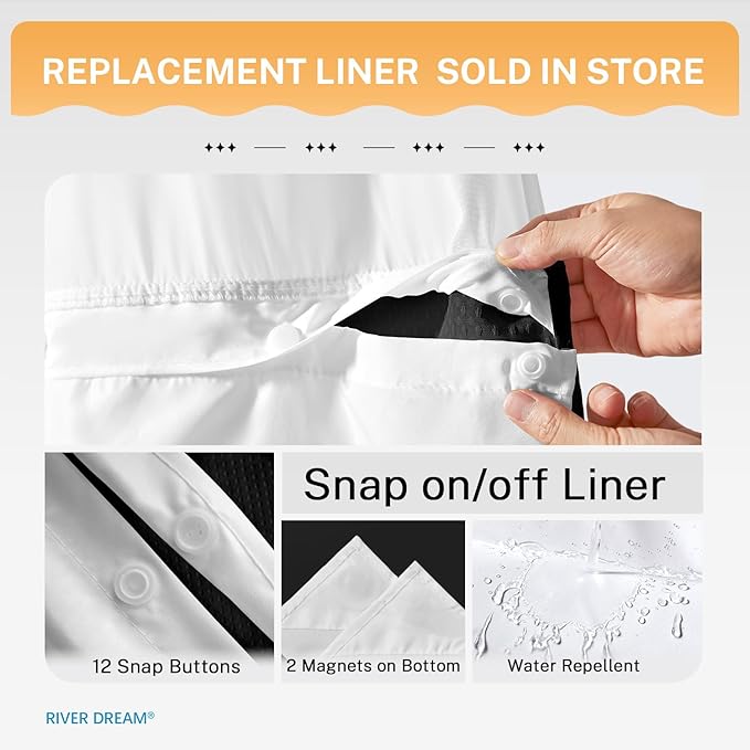 River Dream Black Shower Curain No Hooks Dotted Waffle Weave Shower Curtain with Snap in Liner - 71W x 74H,Hotel Grade,Spa Like Bath Curtain Set