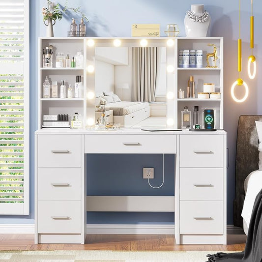 Large Vanity Desk with Mirror and 10 Lights, Makeup Vanity Table with Power Outlet, 7 Drawers and 6 Storage Shelves, Makeup Vanity Desk Dressing Table with 3 Lighting Modes for Bedroom (White)