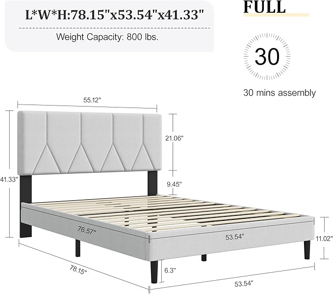 Full Size Bed Frame, Platform Bed Frame with Velvet Upholstered Headboard, Fully Upholstered Mattress Foundation with Strong Wooden Slats, No Box Spring Needed, Noise Free, Easy Assembly