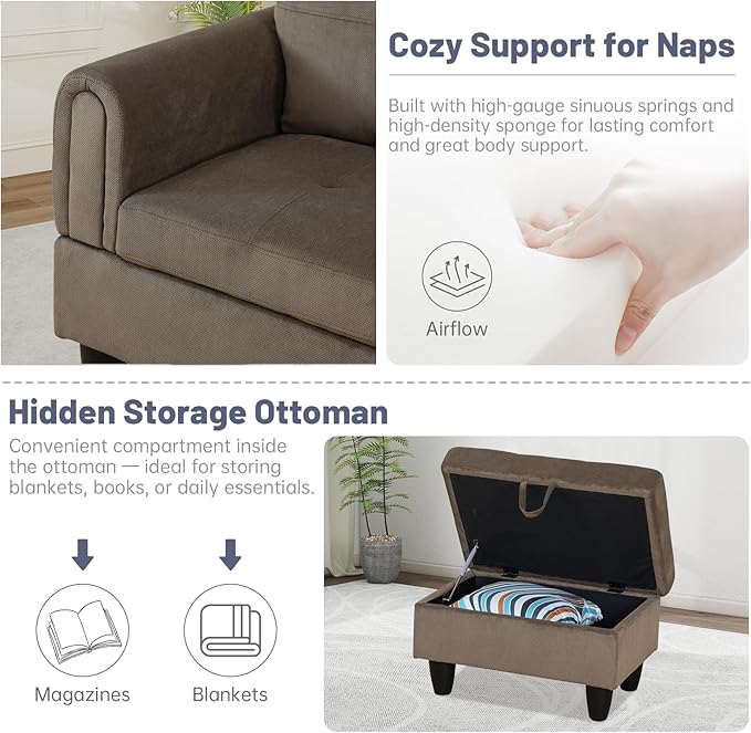 L-Shape 3-Piece Cloud Sofa, Couch for Living Room, Brown Pineapple Velvet Fabric L-Shape with Reversible Chaise & Storage Ottoman, Ergonomic 110–115° Recline, Solid-Wood Frame