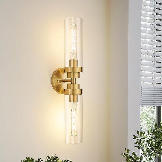 Emak 2-Light Bathroom Vanity Light Fixtures, Modern 22 Inch Brushed Gold Vanity Lights with Clear Glass Shade, Cylinder Wall Sconces for Bathroom, Bedroom, Hallway, VL085-BGD-2