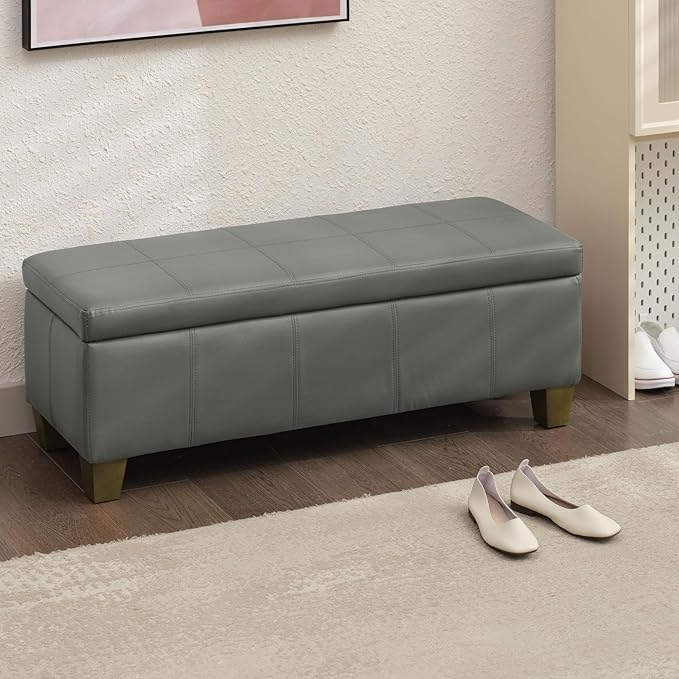 Grey Faux Leather Ottoman with Storage, Rectangular Extra Long Storage Bench for Bedroom and Living Room