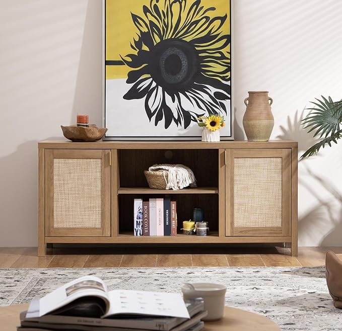 SICOTAS TV Stand for Living Room : Rattan TV Console Cabinet with Storage and Shelf, Boho Entertainment Center, 59" Media Console for 55, 65 Inch TV, 26" Tall Television Stands, Oak
