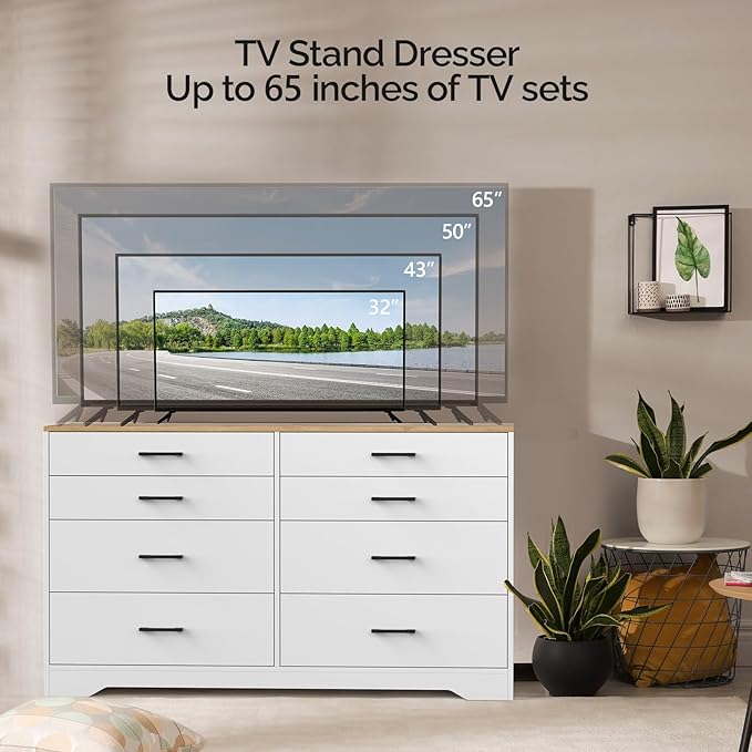 VINGLI 8 Drawer Dresser 56" Long Dresser White, Wood Dresser for Bedroom, Wood Dresser Chest of Drawers, Storage Dresser Cabinet, Modern Dresser, Large Dresser, Nursery Dresser, Brown Top