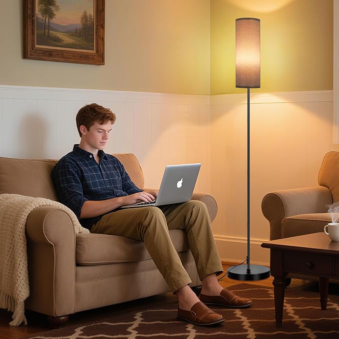 FRIDEKO HOME Floor Lamp with Grey Shade, Simple Design with Foot Pedal Switch, Small Tall Lamps for Living Room Bedroom Office, Corner Floor Stand Light with Black Pole Lamp (No Bulb/No Remote)