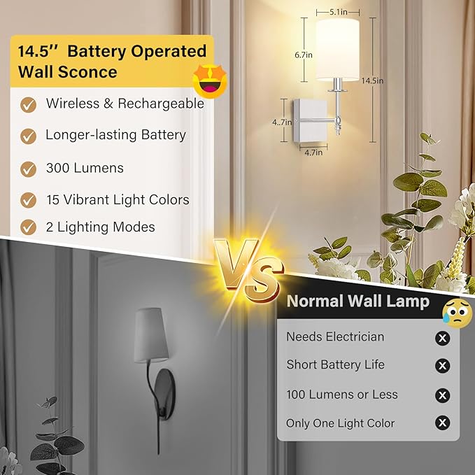 14.5 Inch Battery Operated Wall Sconces Set of 2 with Remote, Brushed Nickel Rechargeable Wireless Wall Lights with White Fabric Shade, Cordless Wall Lamps with Dimmable Detachable Bulbs for Bedroom