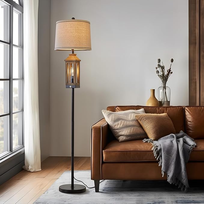 63" Farmhouse Floor Lamps for Living Room Bedside Nightstand Lamp Black Tall Standing Lamp for Home Decor Bedroom Reading Wood Lamp Rustic Bed Lights with 2 Light Sources