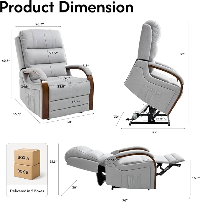FLEXISPOT Dual Motor Power Lift Recliner Chair for Elderly, Electric Lay Flat Reclining Chair with Massage & Heat, Side Pockets, Fabric Single Sofa for Living Room,Light Gray