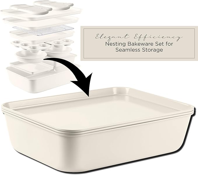 Country Kitchen Nonstick Stackable Bakeware Set - Durable, Easy Release Baking Set, Cream, 13 Pcs