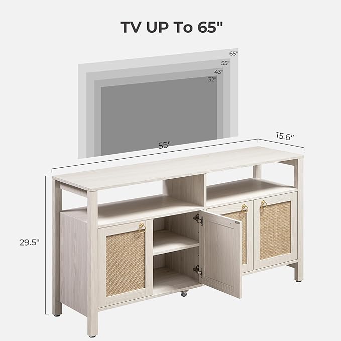 SICOTAS Rattan TV Stand for Television up to 65 Inch - 29.5" Tall Entertainment Center with Storage and Open Shelves,Boho Credenza TV Console Cabinet with 4-Doors and Adjustable Shelf for Living Room