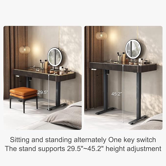 Lartis Vanity Table with Stool,Electric Lift Vanity Desk,Vanity Set，Up and Down Desk, Standing Vanity with Drawer