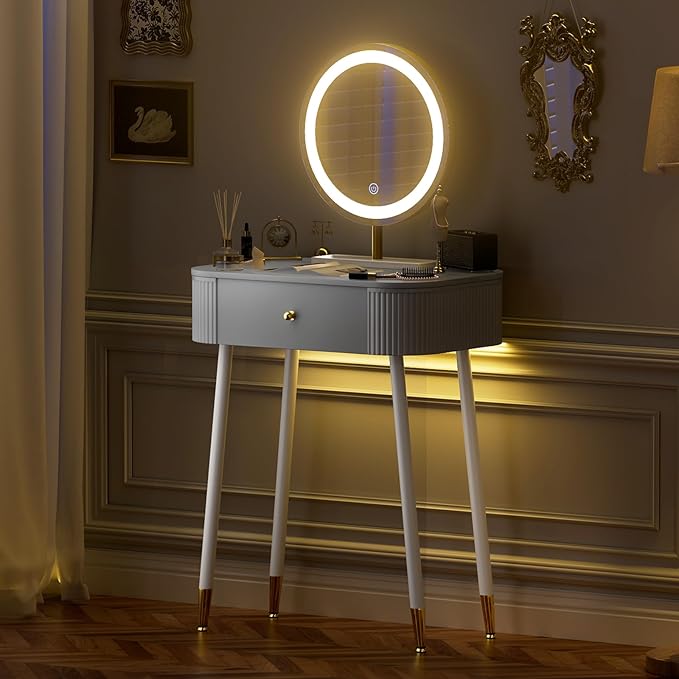 WinZo 24" Vanity Desk with Mirror and Lights, Small Makeup Vanity Table with 1 Storage Drawers, 3 Color Touch Screen Stylish Dressing Table for Small Spaces & Bedroom, Gray