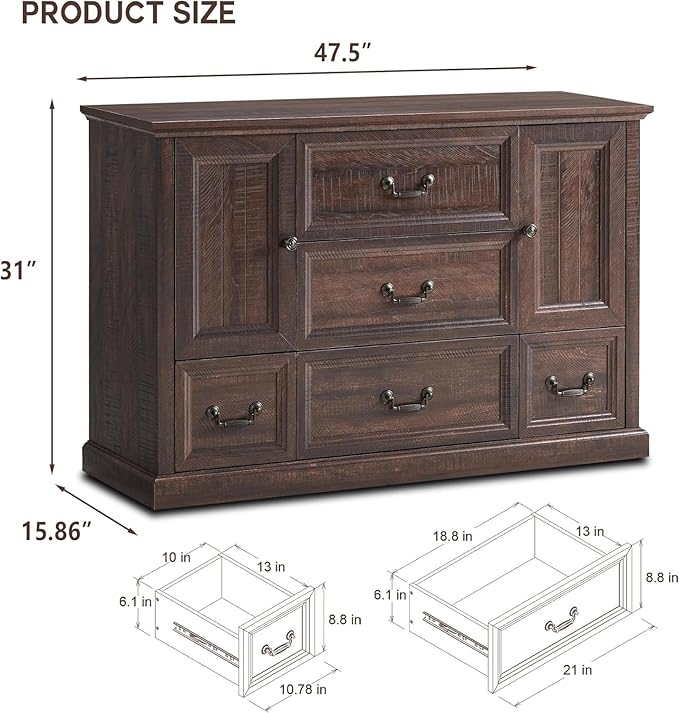 Farmhouse 5 Drawers Dresser for Bedroom, Wood Rustic Storage Organizer Closet Chest, Chest of Drawers w/Groove Barn Door&Shelf for Closet, Hallway, Living Room, Dining Room-Brown