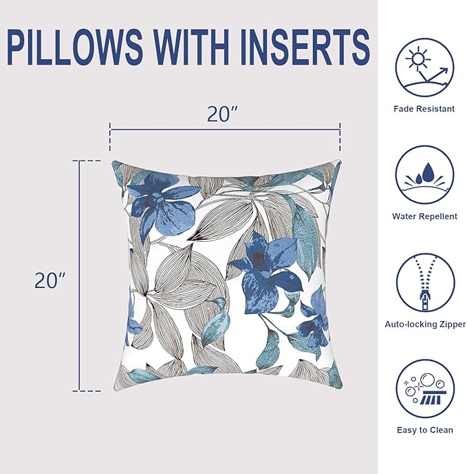 Outdoor Throw Pillows with Inners, All Weather Patio Pillows Set of 2, Square Pillows Decorative for Home Garden Furniture, 20x20 Inch, Clemens Blue
