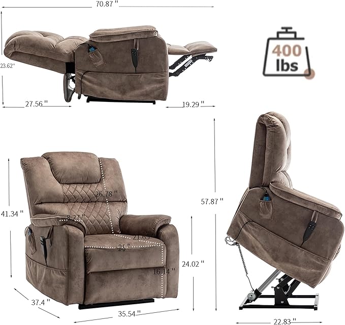 Lift Chair Recliner Lay Flat 180-Degree, Heavy Duty, Infinite Position Electric Recliner Chair Lift Chair with Massage and Heat, Dual Motor Power Stand Up Lifting Recliners for Seniors (Brown)
