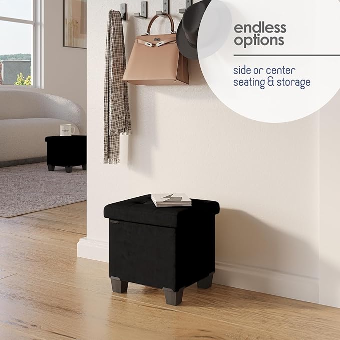 STORAGEBUD Storage Ottoman Cube with Small Bin, 15-in Square Ottoman with Storage for Living Room and Bedroom, Small Ottomans Foot Rest, Velvet Foot Stools Ottomans Max 330lbs, Black