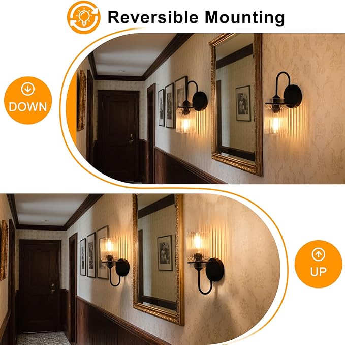 Modern Farmhouse Wall Sconces Set of 2, Black Bathroom Sconces with Clear Glass Shade, Vanity Lights for Bedroom Living Room Bathroom Hallway Stairwell