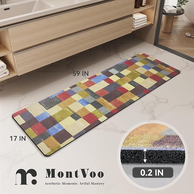 MontVoo -Bath Mat-Non Slip Thin Bathroom Rugs Fit Under Door- Quick Dry Absorbent Faux Suede Surface Grey Bathroom Floor Mats-Shower Rug for in Front of Bathtub Shower Retro Colors Plaid 17x59