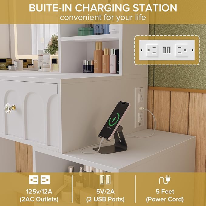 Vanity Desk with Mirror and Lights, Makeup Desk with 2 Drawers & Adjustable Shelves, Dressing Table with Charging Station for Bedroom. 3 Adjustable Light Modes