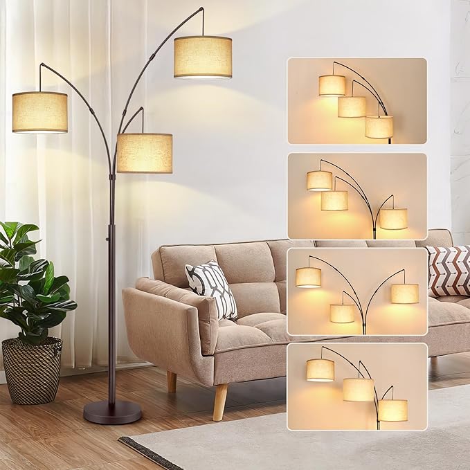 OUTON Tall Arc Floor Lamp - Adjustable, Modern, 3-Light Arched Lamp for Bedroom, Office, and Living Room, 2400lm Mid Century Design with 3 Energy-Efficient LED Bulbs Included, Beige Lampshade
