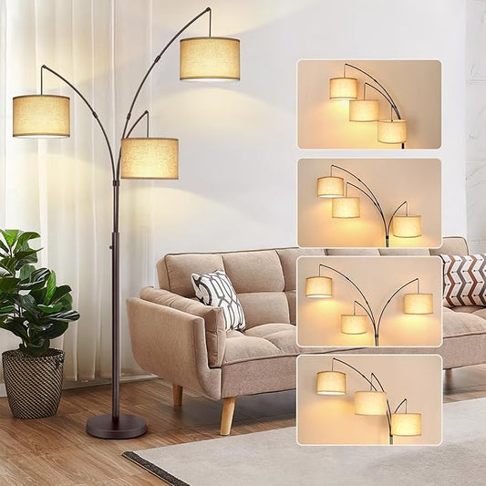 OUTON Tall Arc Floor Lamp - Adjustable, Modern, 3-Light Arched Lamp for Bedroom, Office, and Living Room, 2400lm Mid Century Design with 3 Energy-Efficient LED Bulbs Included, Beige Lampshade